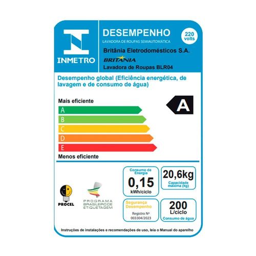 Lavadora Britânia 20Kg BLR04 Semiautomática - Branca 220V