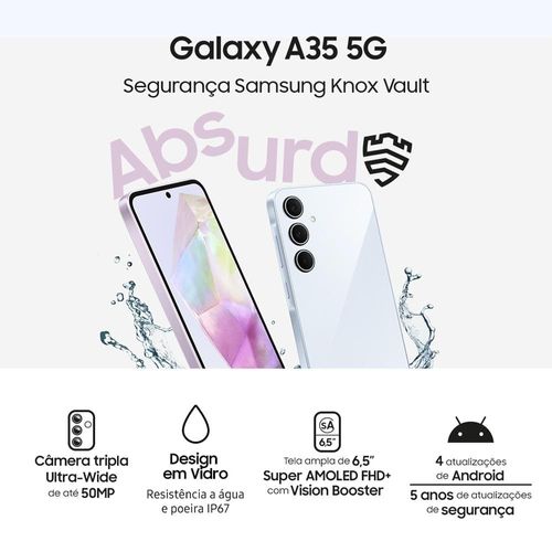 Smartphone Samsung Galaxy A35 5G 256GB Azul Escuro 8GB RAM Câmera Tripla Traseira de até 50MP Selfie de 13MP Tela super AMOLED de 6.6”
