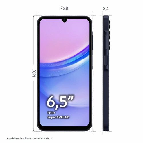 Smartphone Samsung Galaxy A15 4G Azul Escuro 128GB, 4GB RAM, Processador Octa-Core, Câmera Tripla Traseira, Selfie de 13MP, Tela Infinita de 6.5" 90Hz