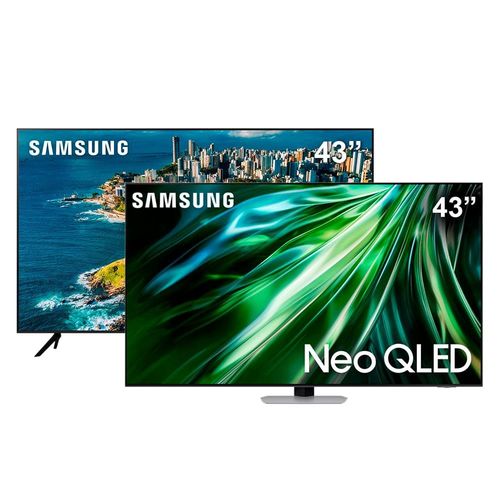 Smart TV 43" Samsung UHD UN43CU7700GXZD Crystal 4K com Tizen + Smart TV 43" Samsung NEO QLED Gaming QN43QN90D com AI e Dolby Atmos