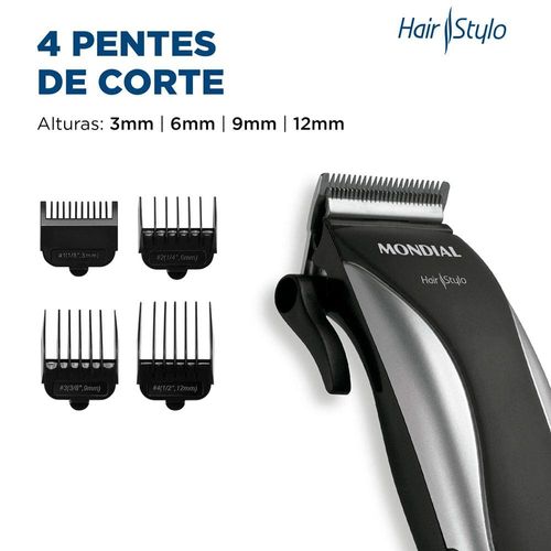 Máquina de Cortar Cabelo Mondial Hair Stylo CR-02 4 com Pentes - Prata/Preta 110V
