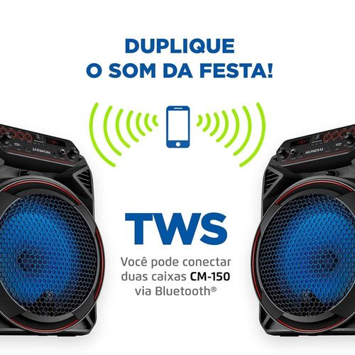 Caixa Amplificada Mondial CM-150 com Bluetooth, USB, Rádio FM e Função TWS - 150W