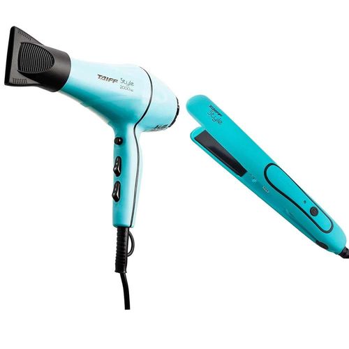 Kit Secador de Cabelos Style Motor AC Profissional 2000W - Azul + Chapinha | Prancha Style 210°C Azul Tiffany Taiff 110v