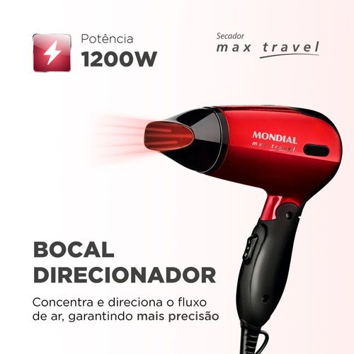 Secador de Cabelos Mondial Max Travel SC-10 1200W Bivolt - Preto/Vermelho