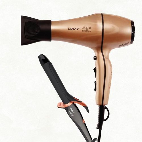 Secador de Cabelos Taiff Style Motor AC Profissional 2000W – Cobre + Modelador de Cachos Curves 1" 2,5 cm com Cabo Giratório 210°C - Preto 110V