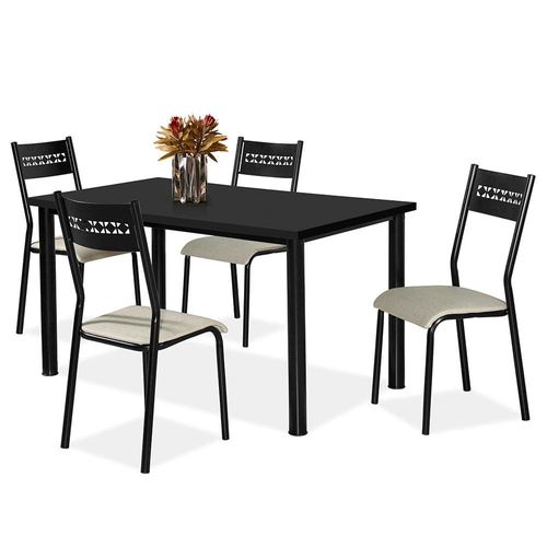 Mesa de Jantar Aço Nobre Júlia Plus com 4 Cadeiras Preto/Bege