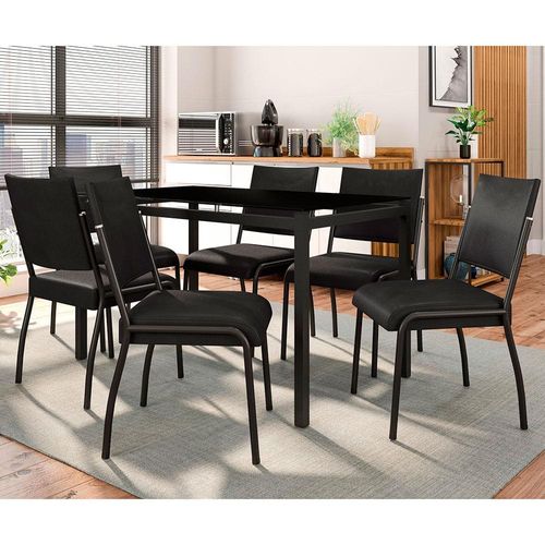 Mesa de Jantar Fabone Alexa com 6 Cadeiras Dora - Preto/Fosco/Café