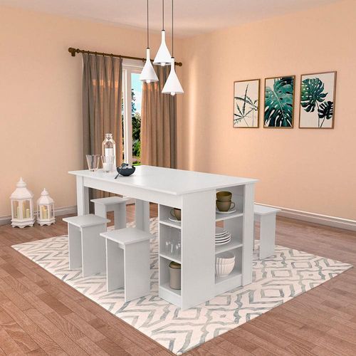 Mesa Nova Móbile Multi com 4 Bancos, Nicho e Prateleira Branco
