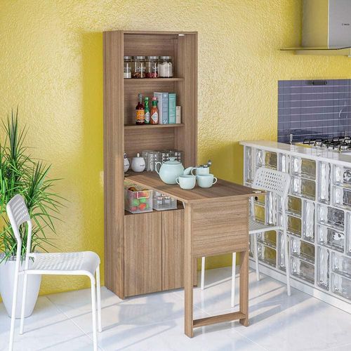 Armário Multiuso Politorno Goiânia com 2 Portas, 3 Prateleiras e Mesa Retrátil com Chave Castanho