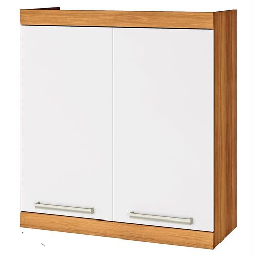Armário Aéreo em MDF Nesher Burguesa com 2 Portas, 2 Prateleiras e Puxador em Alumínio - Freijo/Branco