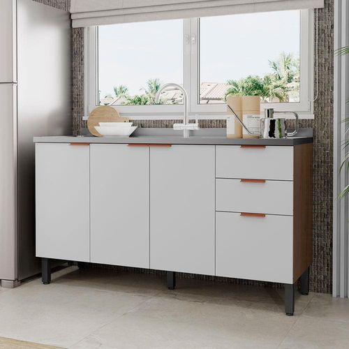 Balcão Bartira Universal com 3 Portas, 3 Gavetas e 2 Prateleiras - 150 cm de largura Grapia/Platinum