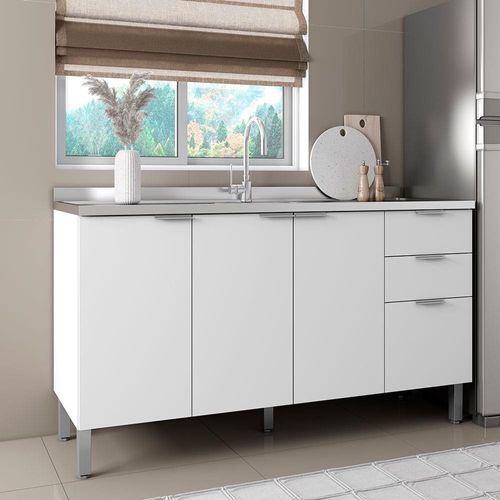 Balcão Bartira Universal com 3 Portas, 3 Gavetas e 2 Prateleiras - 150 cm de largura Branco Fosco