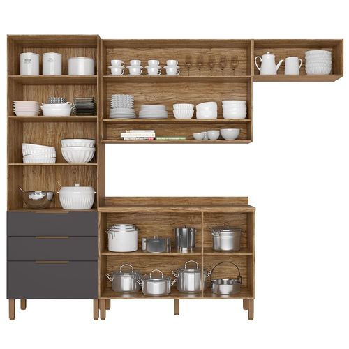 Cozinha Compacta Bartira Topázio UP com 8 Portas, 3 Gavetas e 5 Prateleiras - 262,5cm de largura Damasco/Grafite