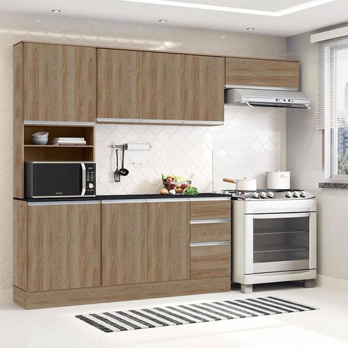 Cozinha Compacta Poliman Paris com 9 Portas, 2 Gavetas e 6 Prateleiras - 260cm de largura Carvalho