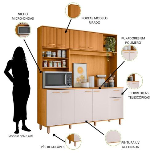 Cozinha Compacta Poliman Nuria com 9 Portas, 1 Gaveta e 4 Prateleiras - 180cm de largura Freijo Ripado/Off Acetinado