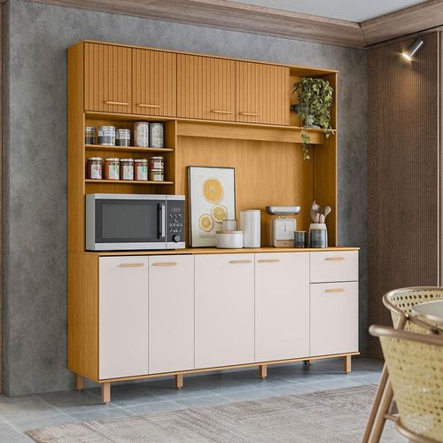 Cozinha Compacta Poliman Nuria com 9 Portas, 1 Gaveta e 4 Prateleiras - 180cm de largura Freijo Ripado/Off Acetinado