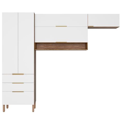 Cozinha Compacta Bartira Topázio UP com 5 Portas, 3 Gavetas e 4 Prateleiras - 262,5cm de largura Damasco/Branco Fosco