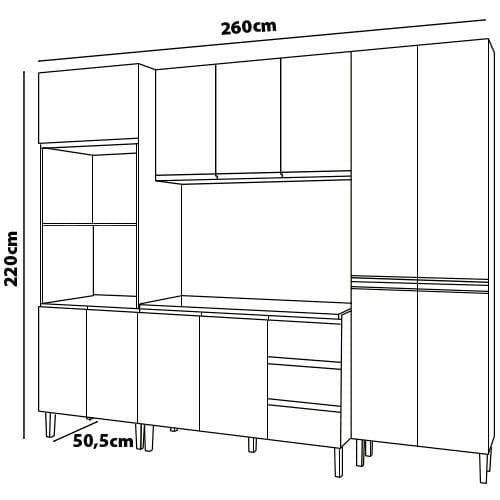 Cozinha Compacta Genialflex Bambu com 12 Portas, 3 Gavetas e 7 Prateleiras - 260cm de largura - Ébano/Off White