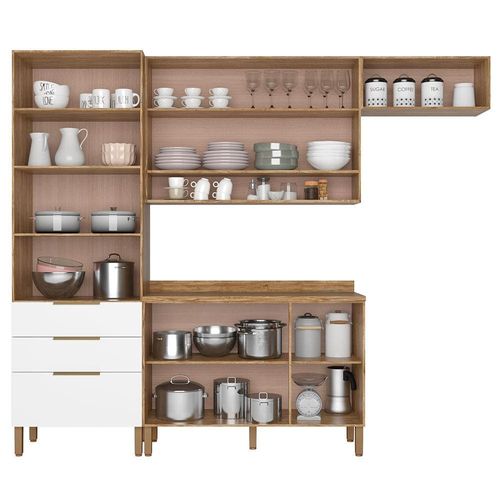 Cozinha Compacta Bartira Topázio UP com 8 Portas, 3 Gavetas e 5 Prateleiras - 262,5cm de largura Damasco/Branco Fosco