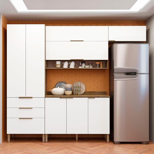 Cozinha Compacta Bartira Topázio UP com 8 Portas, 3 Gavetas e 5 Prateleiras - 262,5cm de largura Damasco/Branco Fosco