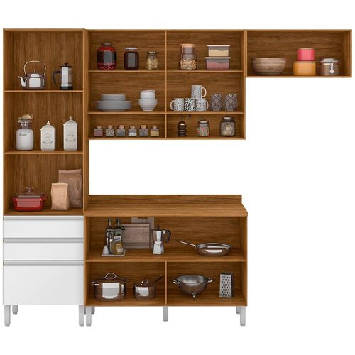 Cozinha Compacta Bartira Jaspe com 6 Portas, 3 Gavetas e 6 Prateleiras - 260,4cm de largura Damasco/Branco