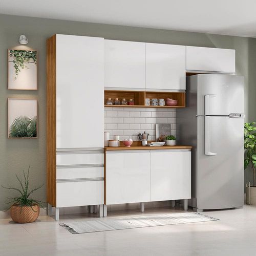 Cozinha Compacta Bartira Jaspe com 6 Portas, 3 Gavetas e 6 Prateleiras - 260,4cm de largura Damasco/Branco