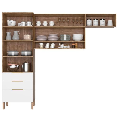 Cozinha Compacta Bartira Topázio UP com 5 Portas, 3 Gavetas e 4 Prateleiras - 262,5cm de largura Damasco/Branco Fosco