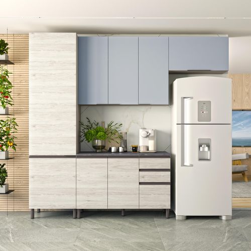 Cozinha Bartira Cristal com 8 Portas, 3 Gavetas e 9 Prateleiras - 260cm de largura - Freixo/Azul