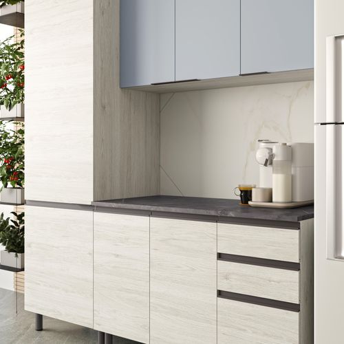 Cozinha Bartira Cristal com 8 Portas, 3 Gavetas e 9 Prateleiras - 260cm de largura - Freixo/Azul