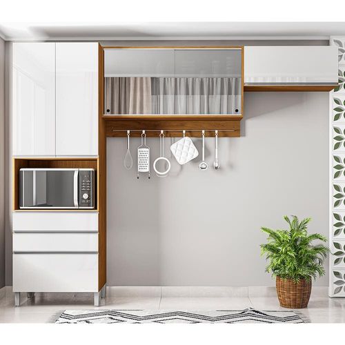 Cozinha Compacta Bartira Amazonita com 5 Portas, 3 Gavetas e 5 Prateleiras - 271cm de largura Damasco