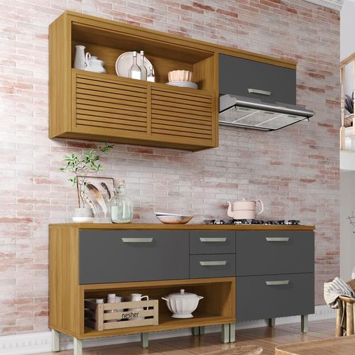 Cozinha Compacta Nesher Princesa com 4 Portas 3 Gavetas e 7 Prateleiras - 200cm de largura Freijo/Grafite