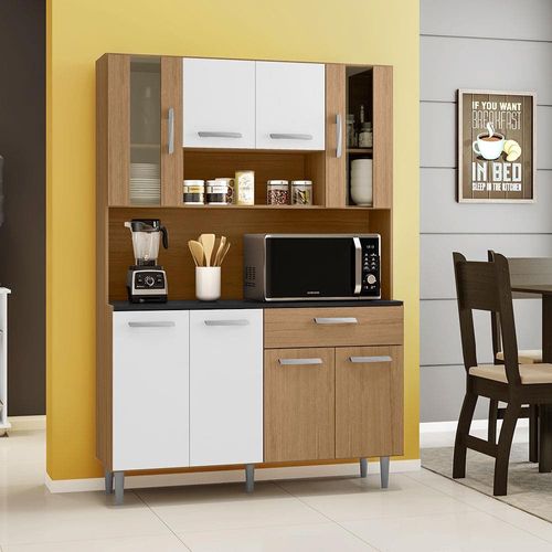 Cozinha Compacta Poliman Móveis Gabi com 8 Portas e 1 Gaveta - 120cm de largura Carvalho/Branco