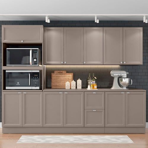 Cozinha Compacta Poliman Unna com 12 Portas, 2 Gavetas e 5 Prateleiras - 270cm de largura Fumê