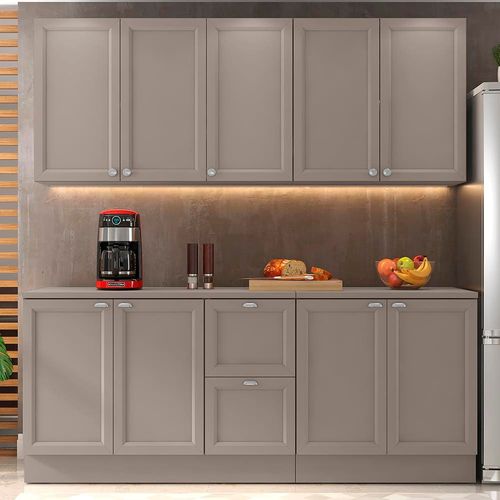 Cozinha Compacta Poliman Unna com 9 Portas, 2 Gavetas e 4 Prateleiras - 200cm de largura Fumê