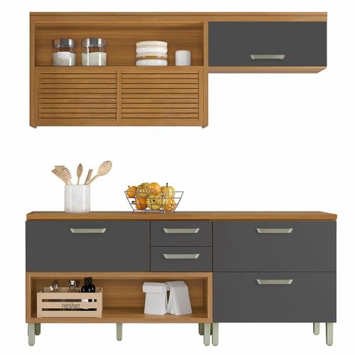 Cozinha Compacta Nesher Princesa com 4 Portas 3 Gavetas e 7 Prateleiras - 200cm de largura Freijo/Grafite