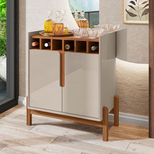 Bar Casa D Lizz com 2 Portas e Nicho para 6 Garrafas Off White e Cedro
