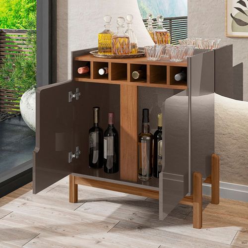 Bar Casa D Lizz com 2 Portas e Nicho para 6 Garrafas Cinza Perola e Cedro