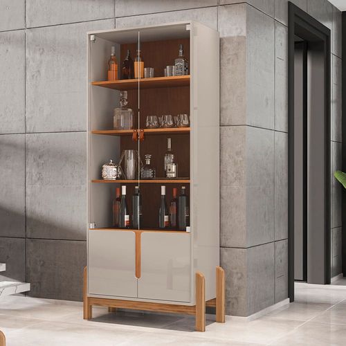 Cristaleira Casa D Lizz com 2 Portas em MDF e 2 Portas de Vidro Off White e Cedro