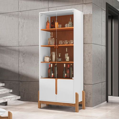 Cristaleira Casa D Lizz com 2 Portas em MDF e 2 Portas de Vidro Branco e Cedro