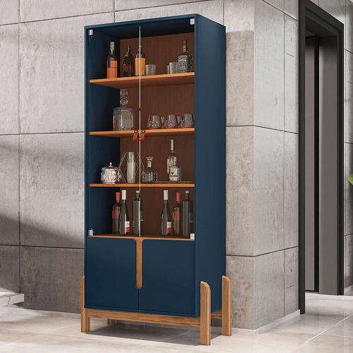 Cristaleira Casa D Lizz com 2 Portas em MDF e 2 Portas de Vidro Azul Cobalto e Cedro