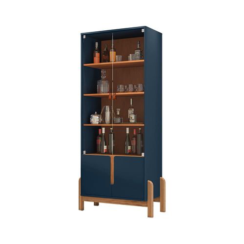 Cristaleira Casa D Lizz com 2 Portas em MDF e 2 Portas de Vidro Azul Cobalto e Cedro