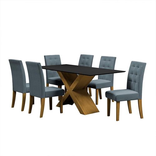Mesa de Jantar Dobuê Dubai Light 180x90 com 6 Cadeiras Estofadas Carvalho/Preto/Grafite