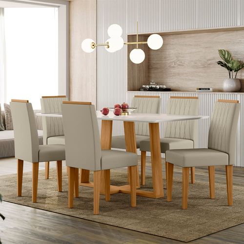 Mesa de Jantar Retangular New Ceval Amsterdam com 6 Cadeiras Estofadas e Revestidas Ypê, Off White e Areia