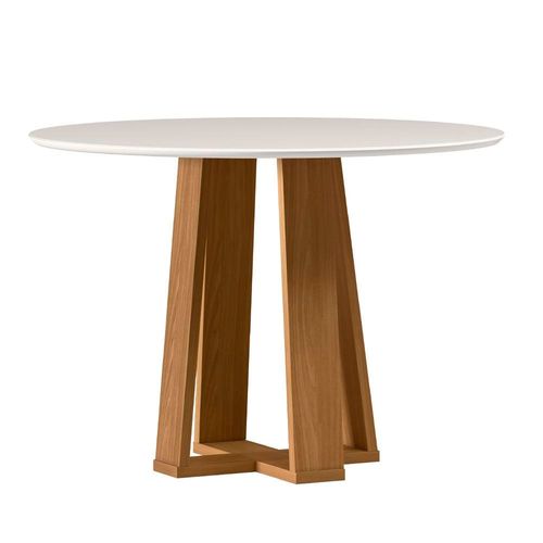 Mesa de Jantar Redonda New Ceval Copenhague com 4 cadeiras estofadas e revestidas Ypê, Off White e Cinza