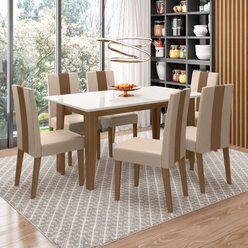 Conjunto de Sala de Jantar Mesa com 6 Cadeiras Goya Poliman Carvalho/Off White
