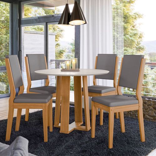 Mesa de Jantar Redonda New Ceval Copenhague com 4 cadeiras estofadas e revestidas Ypê, Off White e Cinza