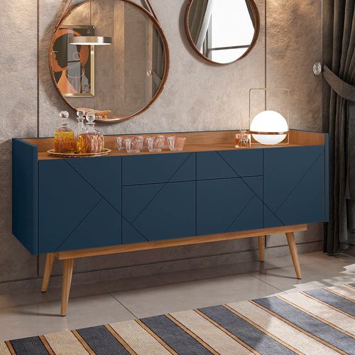 Buffet Casa D Veneza MDF e MDP com 4 Portas e 2 Gavetas Azul Cobalto e Cedro