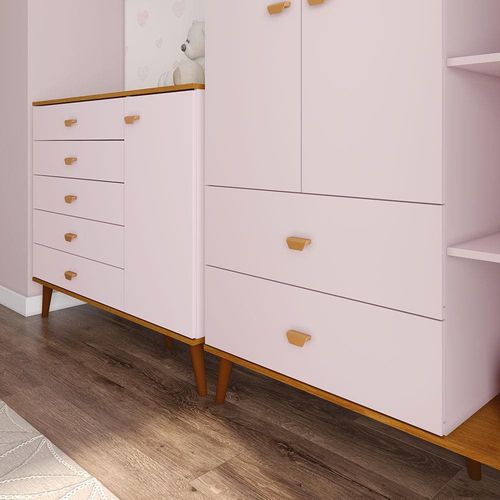 Guarda-Roupa Bartira Ternura com 5 Nichos, 2 Portas, 2 Gavetas + Cômoda Bartira Ternura com 5 Gavetas e 1 Porta - Rosa Wood