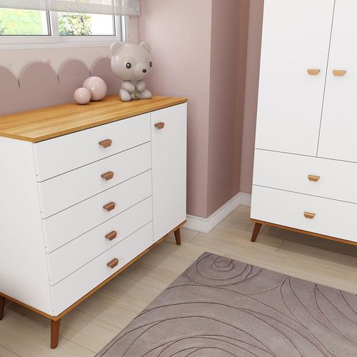 Guarda-Roupa Bartira Ternura com 3 Portas, 2 Gavetas + Cômoda Bartira Ternura com 5 Gavetas e 1 Porta - Branco Wood