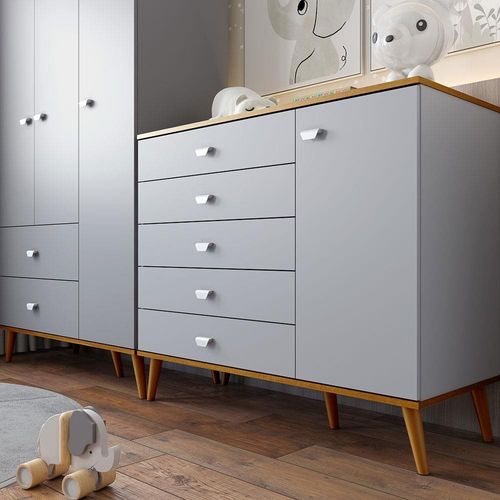 Guarda-Roupa Bartira Ternura com 3 Portas, 2 Gavetas + Cômoda Bartira Ternura com 5 Gavetas e 1 Porta - Azul Wood